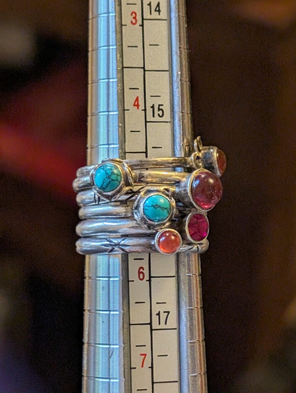 Stackable Silver Rings Set (6)with Turquoise and Red Stones - Picture 9 of 15